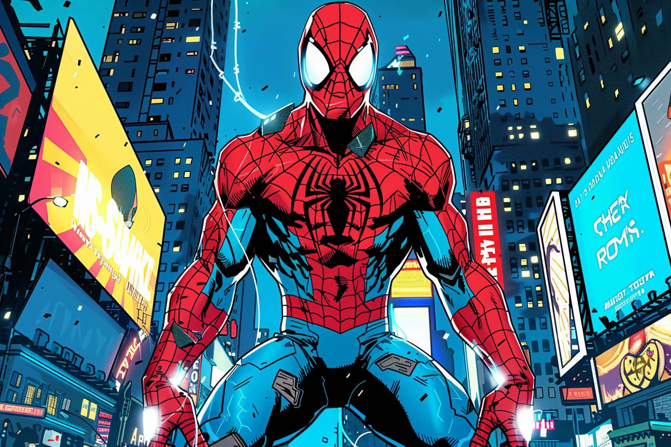 A powerful and determined superhero with a muscular build, wearing a red and blue skin-tight suit with a prominent spider emblem on the chest. He has a mask covering his face, with white eyes and web-like patterns. The background is a bustling cityscape with towering skyscrapers and illuminated billboards. His stance is heroic, with one foot raised as if ready to leap into action. The style is dynamic and action-packed, resembling a comic book illustration with bold lines and vibrant colors.