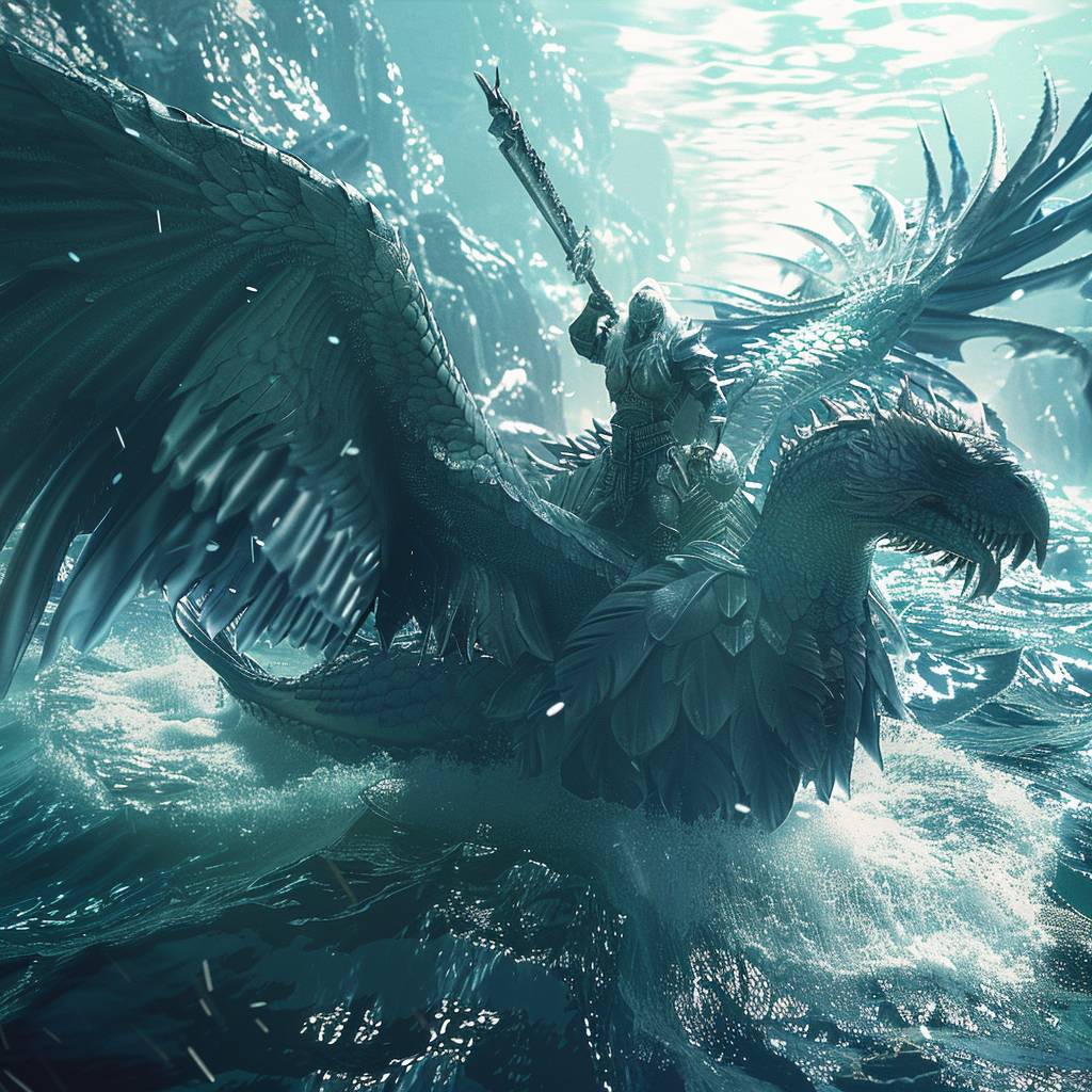 A warrior riding on a giant creature in the water with its wings spread wide, capturing a beautiful scene with a camera positioned just above the water, showing intricate details of the creature’s scales, fins, and wings. Majesty, the hero rides on the creature in the water, digitally enhanced graphics, straight, sharp focus, bright lighting, close-up, cinematic, bronze, azure, blue, ultra-high definition, 18K, sharp focus, bright photo with rich colors, full coverage of a scene, straight view shot –ar 16:9 --v 6.0