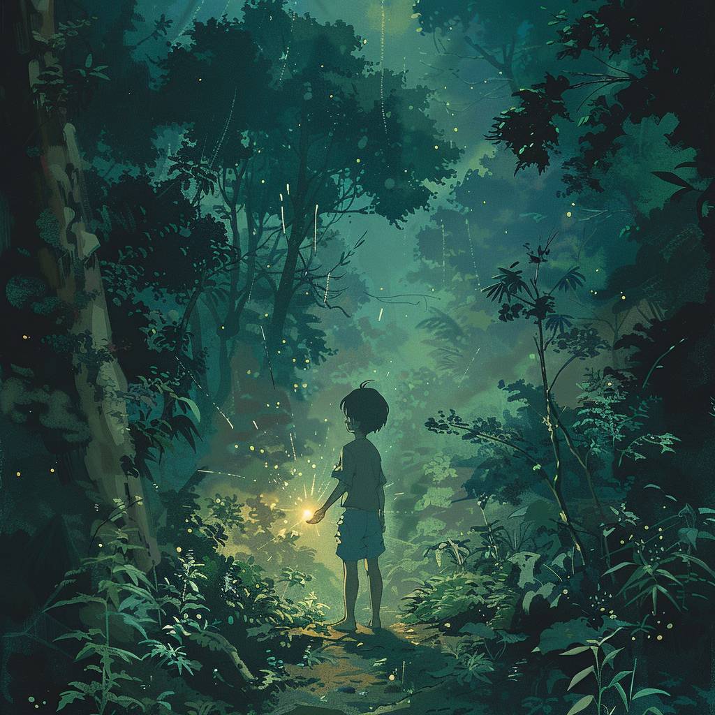 Whimsical protagonist on a magical quest, nostalgic Ghibli-inspired look, in a jungle, enchanted object in hand, in a scene from a forgotten Ghibli tale, moody retro atmosphere, 80s-90s anime style, hand-drawn 2D animation capturing the heart and soul of vintage Ghibli.