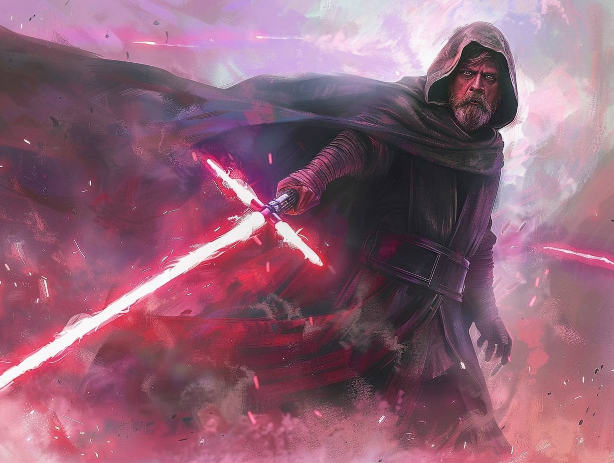 Star wars poster, a [Subject] wearing a [color] cloak and holding a [color2] light saber, on [background], [composition], fighting pose, highly detailed