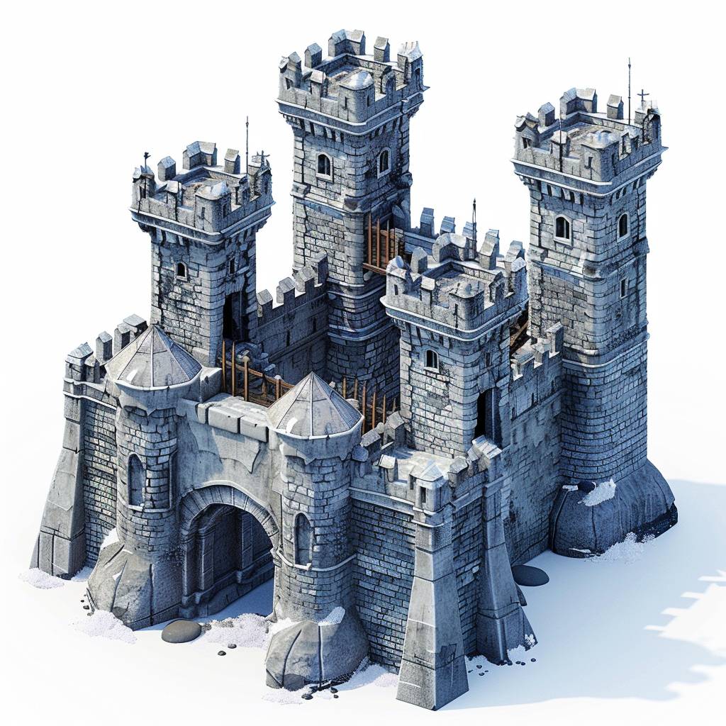 Isometric view of a medieval castle with towers and drawbridge in the style of game art. Game asset design with a grey color palette. Low poly render, high resolution and high detail. 3D blender rendering, high contrast, sharpness and is hyper-realistic, white background --v 6.0.