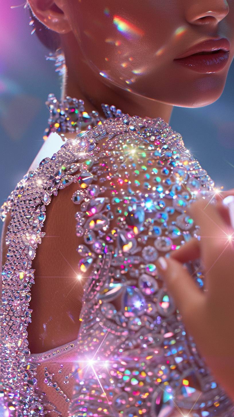 A close up of the shoulder and arm with lots of diamond chains around it, in the style of David LaChapelle, a magazine advertisement of a woman's body covered in diamonds, shiny, closeup intensity, in the style of David LaChapelle, in the shape of an hourglass, closeup, hyper realistic, detailed, realism, masterpiece, high resolution, full HD.