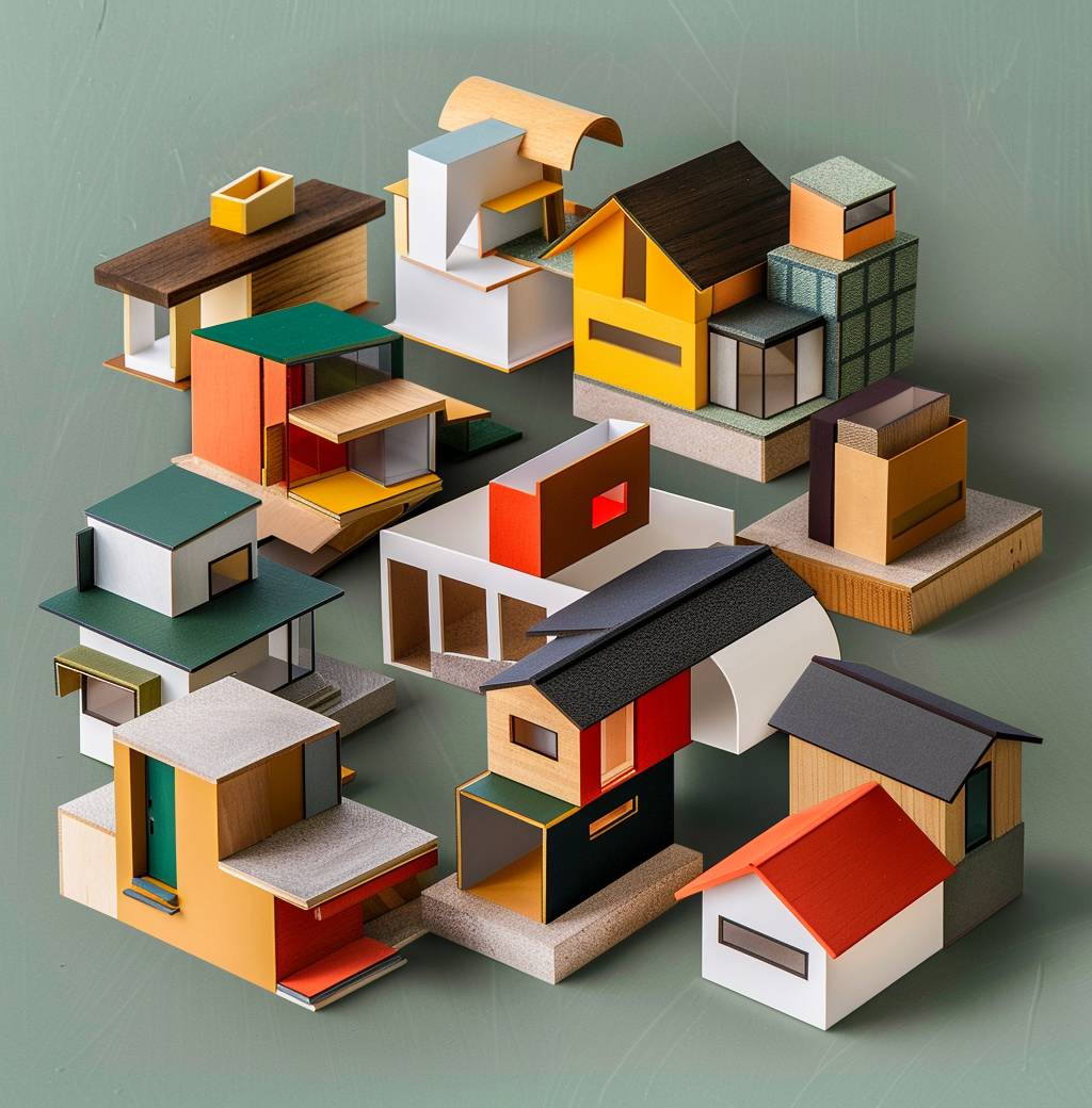 さまざまな種類やスタイルの家や建物を表す建築モデルのシリーズが、３次元の配置を示すオーバーヘッドビューを形成するために、積み重ねられています。モデルには、ガボル屋根を持つ単純な四角いブロック構造、複雑なフラクタルデザイン、現代建築に似た形状、ミニマリストのライン、カラフルな色調が含まれており、すべて中立的な背景に対して設定されています。この視覚的な表現は、これらの形式をどのように組み合わせてユニークな構成にするかを強調しています。