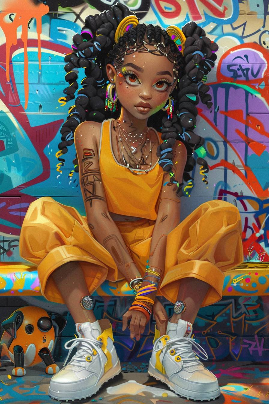 A captivating anime-style digital painting of an African American girl with rich melanin-toned skin, sitting on a vibrant graffiti-filled bench. She dons a stunning yellow romper and white sneakers, her curly pigtails framing her full lips and expressive bionic eyes. Her face is adorned with fluffy lashes and black dreadlocks, and her robotic limbs are intricately detailed. A lively robot dog, also featuring robotic limbs, sits beside her. The background bursts with a colorful, airbrushed explosion of hues and shapes, evoking an energetic and futuristic atmosphere.