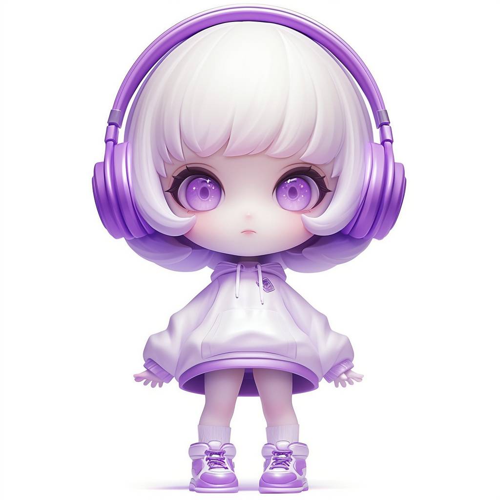 Full body, cute pose, A vinyl toy of an adorable trendy lively baby girl, The figure is painted in white and purple gradient, She has eyes that resemble cartoon characters, short hair, chibi, Her head was designed to have round proportions similar, with a detailed character design, cute pose, Isolated against a white background—niji 6