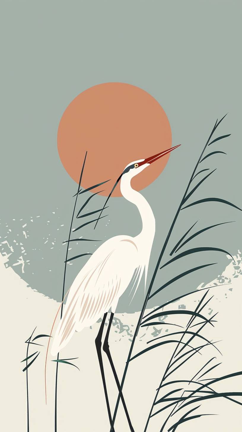 A simple flat illustration of a heron in front of the sun, in the style of vector, on a green background, clip art style, with no shadows, using colorful, simple shapes, atop tall reeds, in a minimalist style, using a blue and white color palette, in the style of vector, with simple shapes.