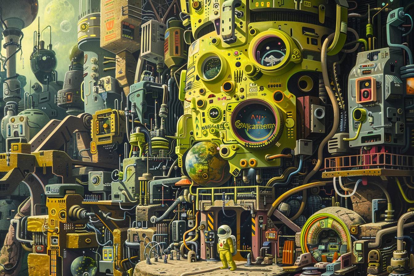 A surreal painting of an astronaut on an alien planet, surrounded by various strange machines and mechanical parts, in the style of detailed character design, surrealistic dreamscapes with vibrant caricatures, intricate details.