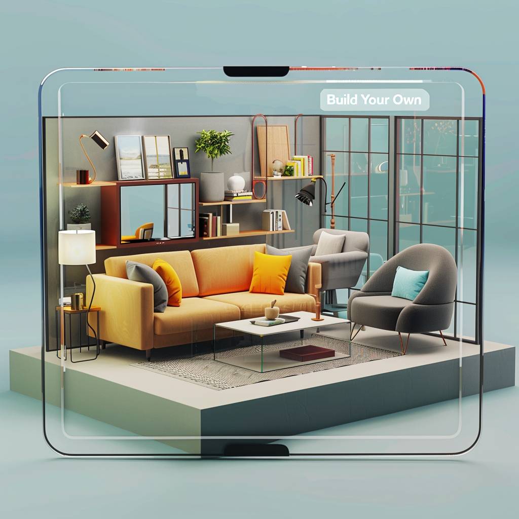 In the foreground, showcase a beautifully arranged pre-made furniture package, like a comfortable sofa, a stylish coffee table, and a coordinating armchair. In the background, depict a partially transparent digital interface (like a computer screen or tablet) hovering slightly above the furniture. This interface showcases the 'Build Your Own' functionality with various furniture pieces (lamps, ottomans, bookshelves) available for selection.