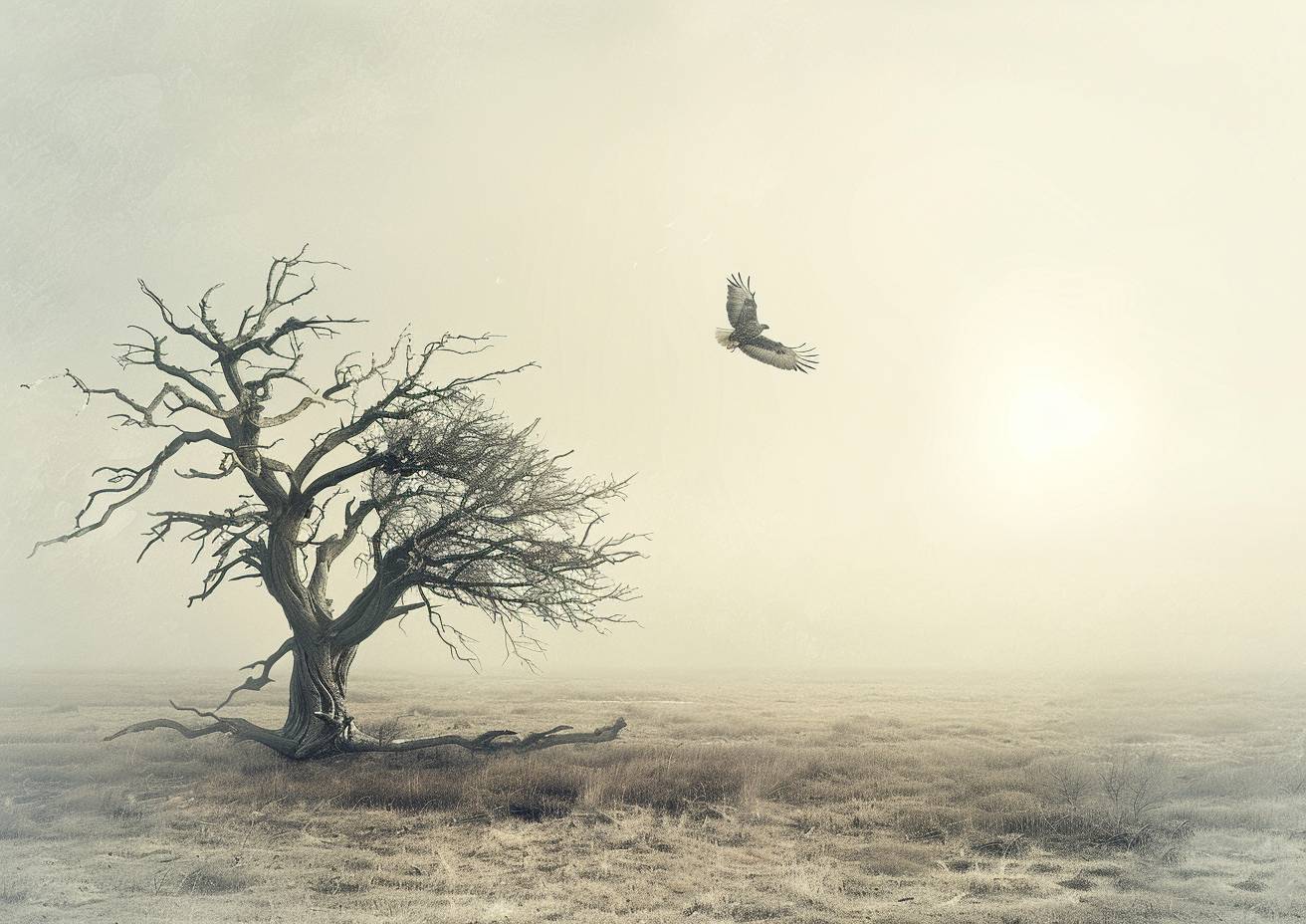 Minimalist landscape, a hawk launches itself from a dead tree, wings strobing in the sunlight, Apocalypsecore
