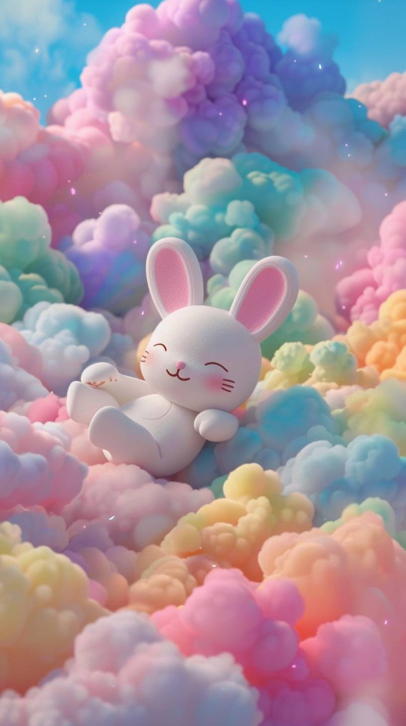 Rainbow clouds 3D render, OC render, cartoon, cute, pastel tones, colorful colors, Miffy bunny lying on rainbow clouds