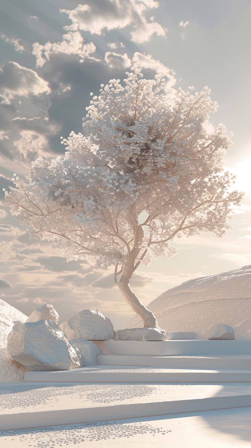 3Dの白い樹木とテラコッタ、土のような幹の3D、テクスチャ付きの風景、抽象的なスタイル。8kハイクオリティ。