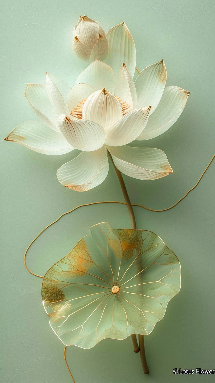 This artwork features a fully bloomed 'Lotus Flower' in close-up. Inspired by the style of Liu Ye, it carries realistic, artistic strokes with organic forms and clear lines. The piece incorporates pale green and gold threads against a soft, pale green background, blending elements from James Turrell, Nick Veasey, and Rene Lalique. It portrays a clear texture and detailed perspective, brimming with vibrant beauty. The interplay of light and shadow creates artistic tension, embodying a modern, minimal, and contemporary art style