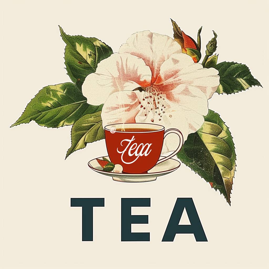 Tea brand logo by Utamaro, text “tea”