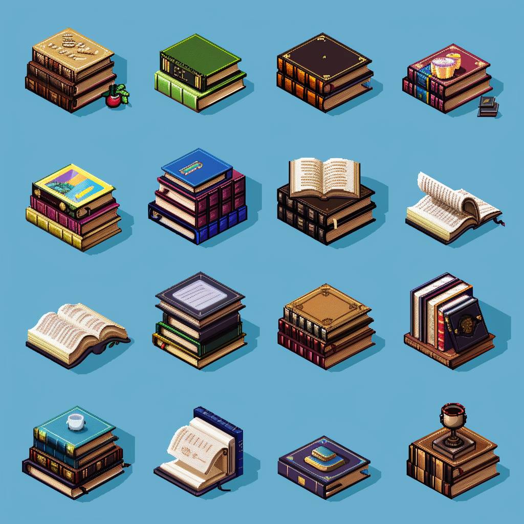 A set of pixelated 32x32 icons depicting different grades and types of books. Clean bright blue background.