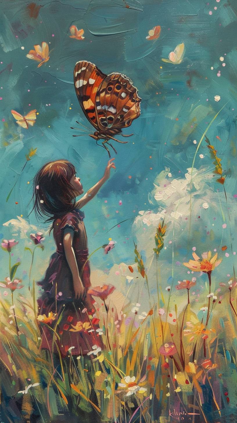 In a vibrant meadow, Emily finds a delicate, fluttering butterfly that reminds her of life's fleeting moments. 'Every second is a gift,' she whispers to herself, capturing the butterfly's beauty in her heart with a smile.