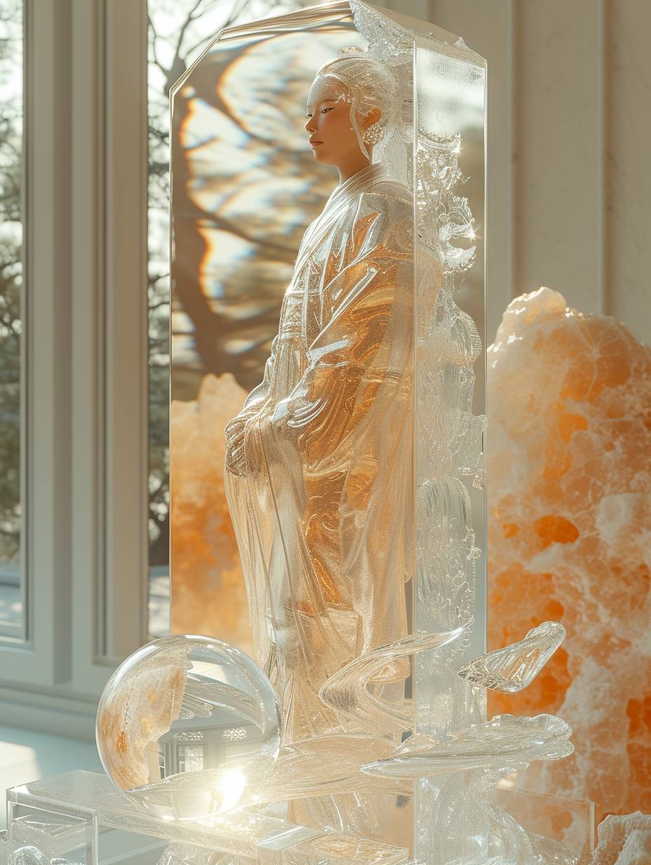 A clear, full-length glass sculpture showing a female Taoist priest, holding a crystal ball and looking at the camera, resembling Sailor Moon, with a close-up shot of her waist. Rendered with Quixel Megascans, set against a clean background, featuring a human figure inside the glass with a strength level of SW 1000.