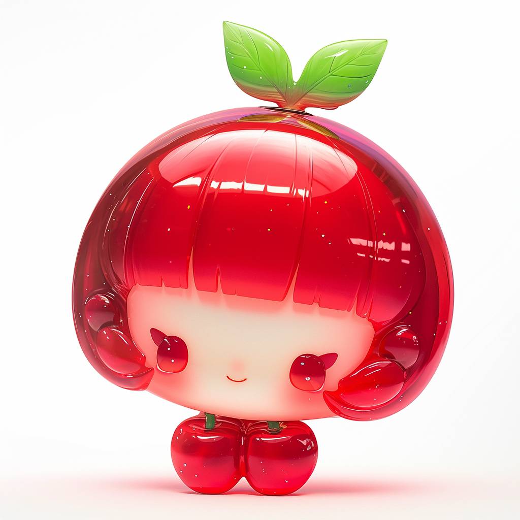Full body, A high transparent resin toy of an adorable trendy lively baby cherry girl, The figure is painted in transparent and cherry red gradient, cute hair, chibi, Her head was designed to have round proportions similar, with a detailed character design, Isolated against a white background.