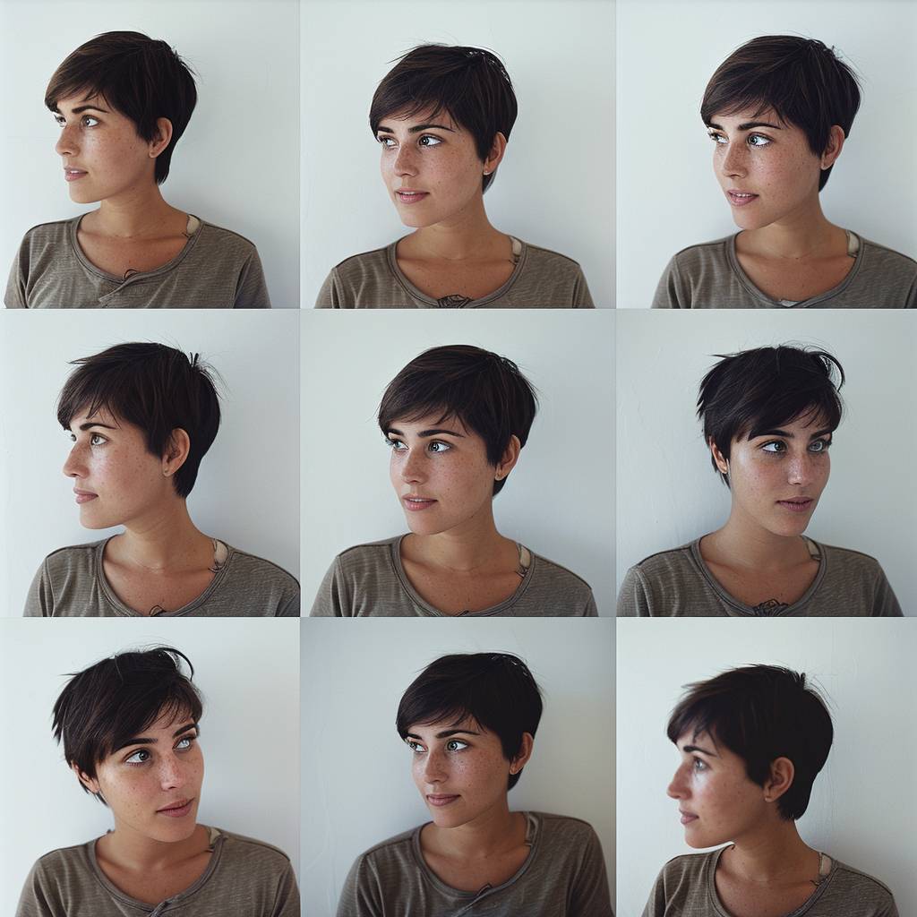 A brunette woman with short hair, olive skin, and dark eyes in the style of chic photography, split into multiple different images shot from various angles with different expressions, against a white background, Kodak Portra 160 --v 6.0