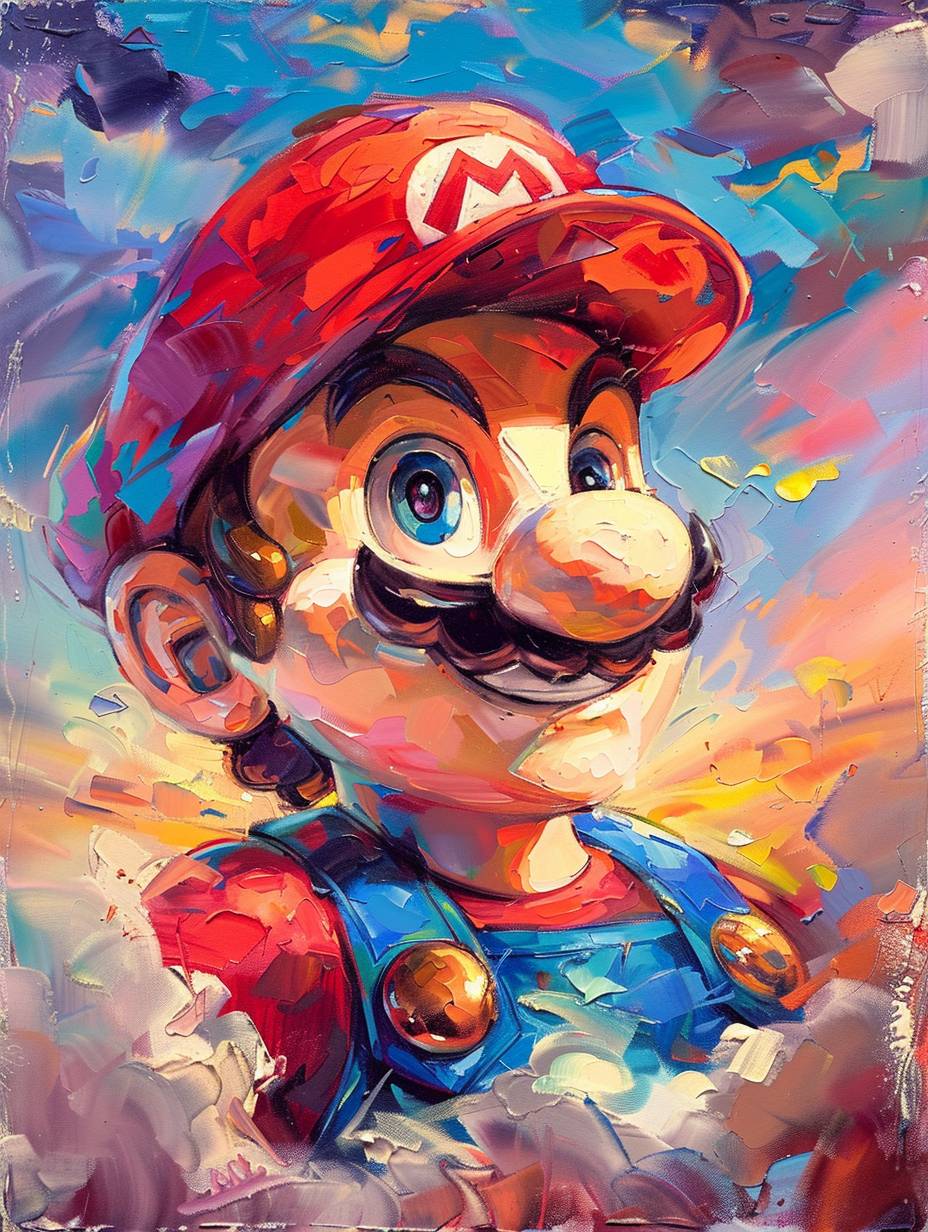 A painting, with Super Mario smiling and looking up at the sky, beautiful sky, vivid colors