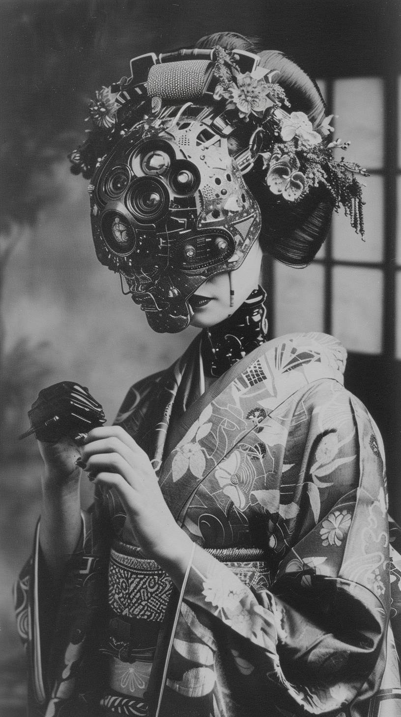 Felice Beato's vintage black-and-white photograph depicting cyberpunk geisha-robot from Ghost in The Shell