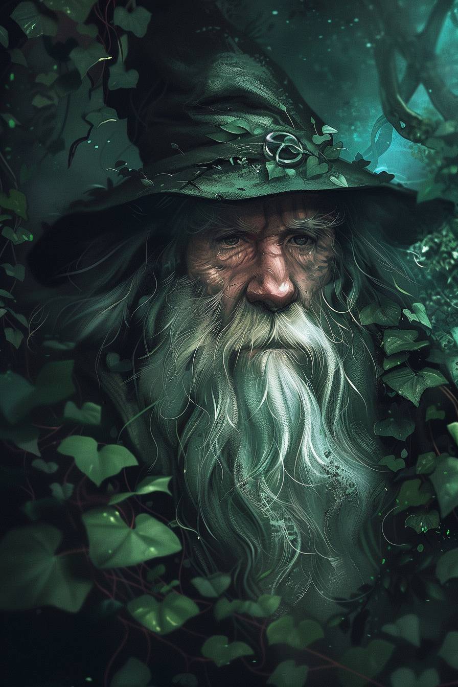 Portrait of wizard of flowers with green leaves in background