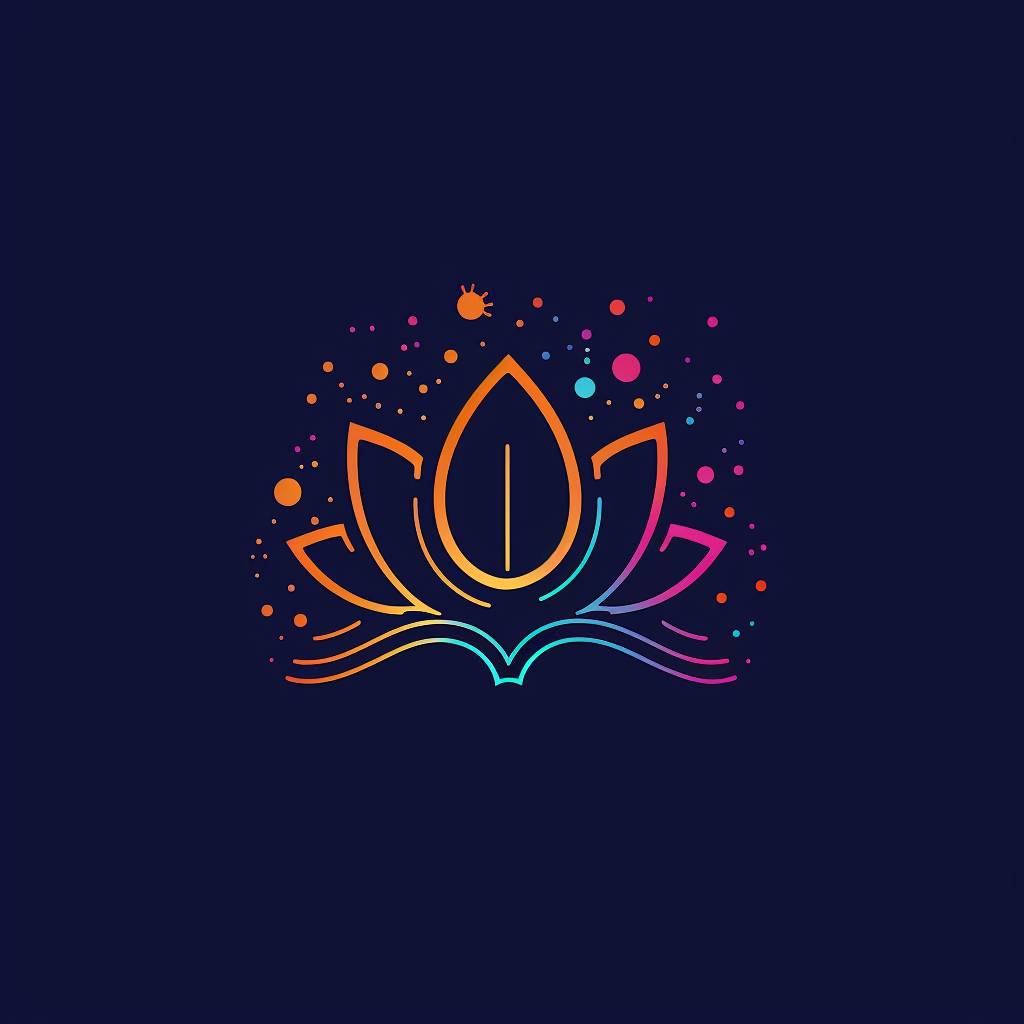 A flat minimalistic vector logo made of lines featuring a lotus and a book, simple shapes and lines, paint splatters, modern, 4 vibrant colors