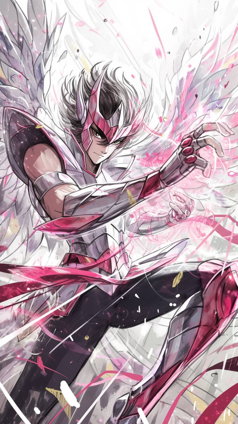Pegasus Seiya fighting in the style of Hajime Sorayama, anime art, Saint Seiya, epic, RTX on, Daz3D, animated illustrations, foreshortening techniques, sharp angles, vibrant manga, Japanese-inspired