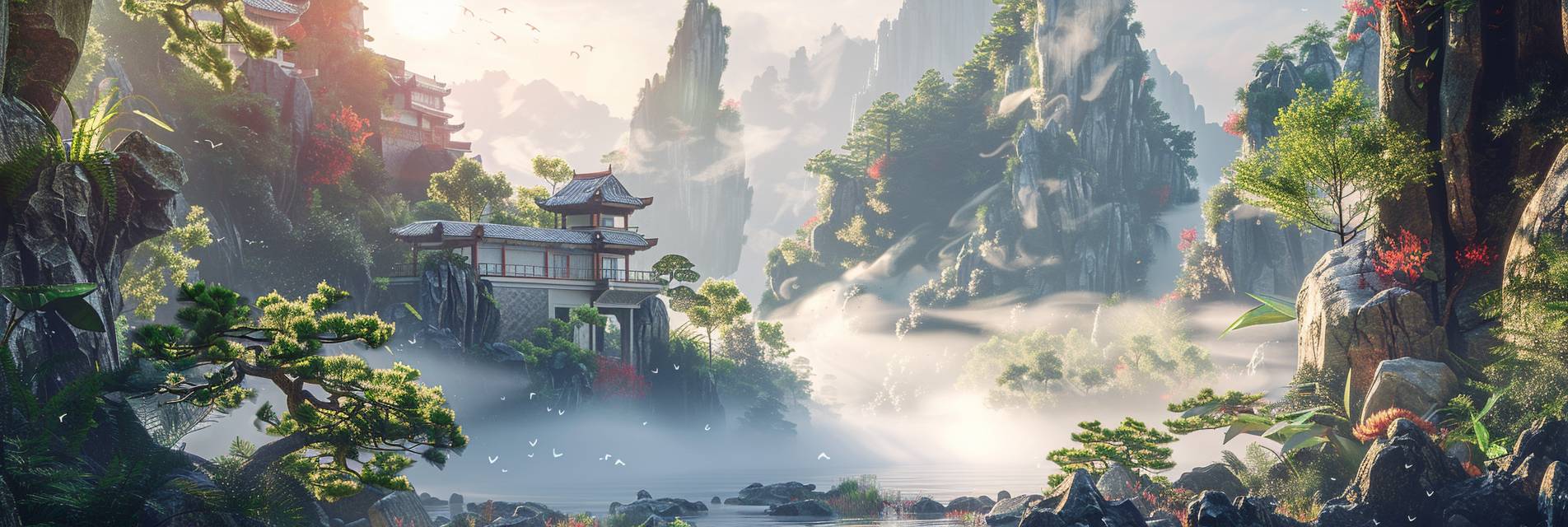 Beautiful Oriental fantasy, full of sunlight, fine details, hyper quality, architectural visualization, mist-shrouded, Chinese architecture, Mountains and rocks, Sunshine, Botany, isometric, c4d, 4k, 8k