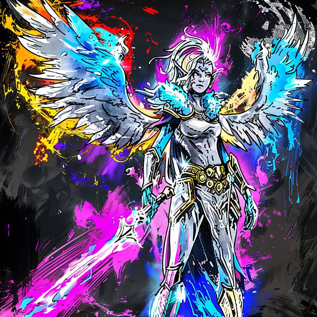 A winged valkyrie wearing silver and blue, wielding a weapon formed from incandescent plasma