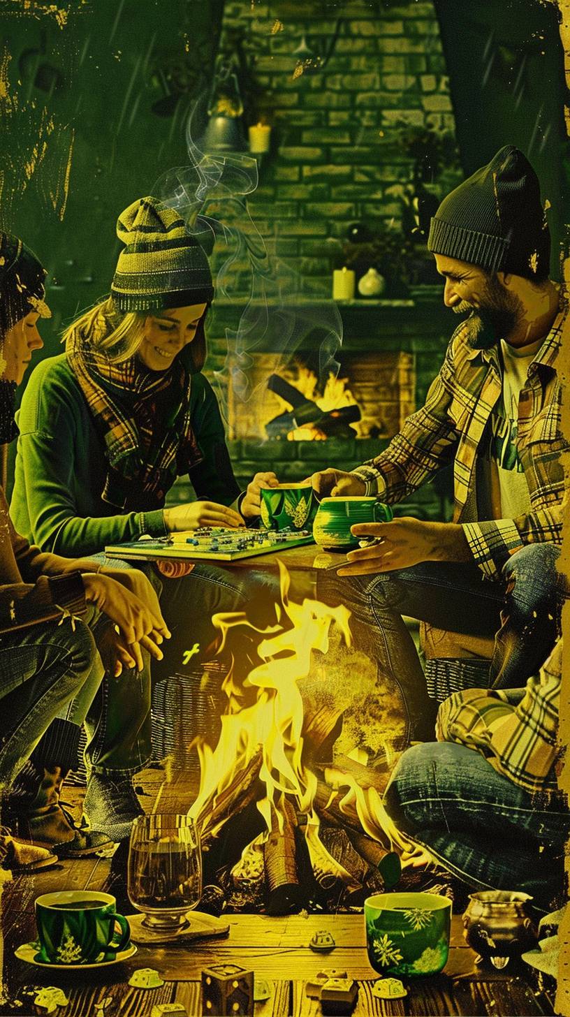 A group of friends is playing a board game on a cozy winter evening. They are gathered around a fireplace, with mugs of hot chocolate and blankets. In the style of a nostalgic photograph.