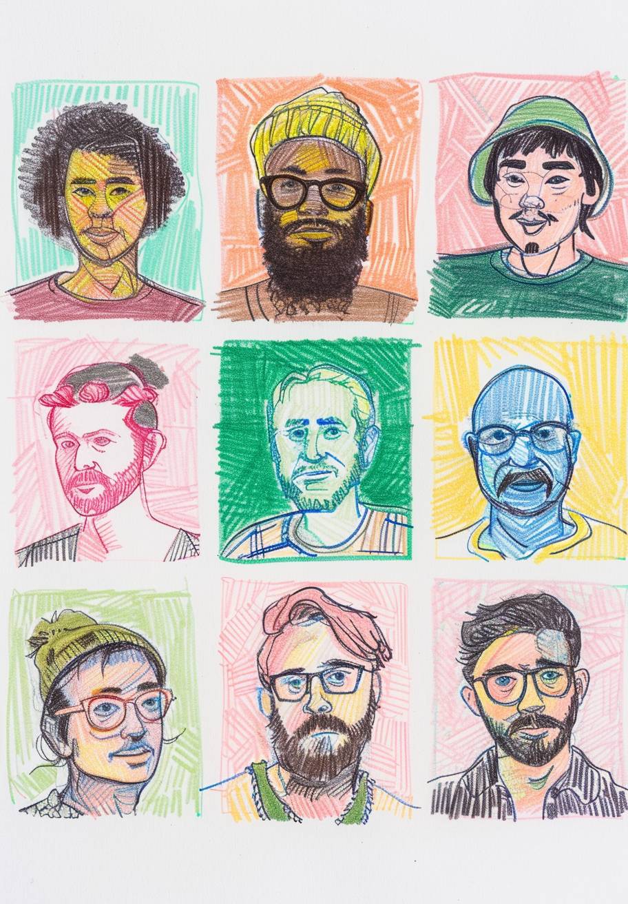 色鉛筆で描かれた九つの小さな四角い頭部の肖像画。この肖像画は、プロの訓練を受けたアーティストが見かけた人々の顔を描き doodle しているスタイルで描かれています。若者や異なる民族の人々が描かれています。それぞれの肖像画は、pink、green、blue、yellow のリソグラフ風の色で彩色されています。顔の表情やポーズは個性的です。短髪の人もいれば、長髪の人もいます。一人はメガネをかけています。全員がカメラを直視し、白い背景に立っています。
