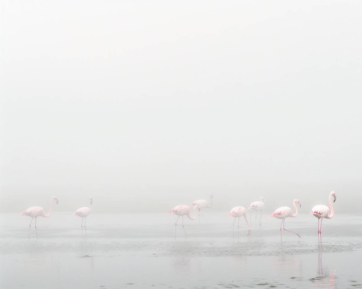 Minimalist photo, salt marshes with condensation, pink flamingos, grey-white sky, high contrast