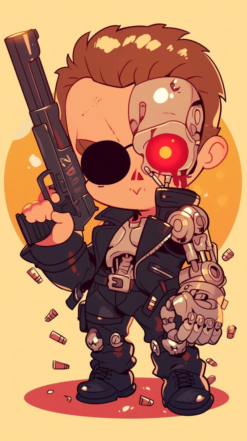 Cute and adorable cartoon design of Terminator, drawn in the style of Skottie Young, clean lines and flat colors, minimal detail, simple background