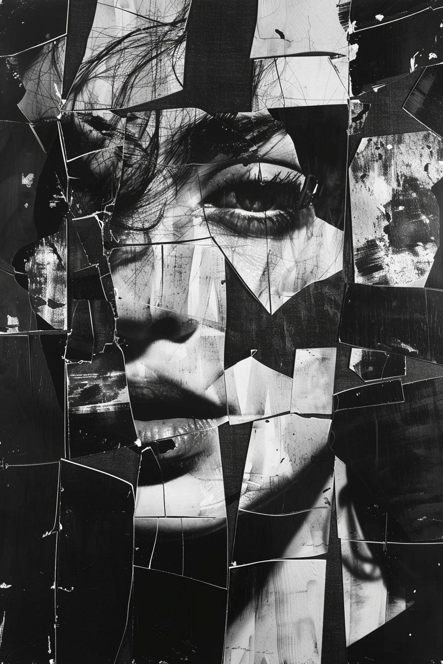 Black-and-white distorted portrait as abstract fragmented composition of fractured pieces by Jannis Kounellis -- stylize 75 -- ar 2:3 -- v 6.0