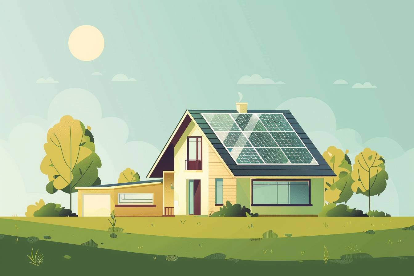 Illustration, simple, flat, minimal, composition, inspirational, motivational, house, ecological, sustainable, solar panels, savings, happy family – no detail realistic –, dominant colour green (reference #3ba88f). The rest: mainly pastel colors, fully filled picture surface --ar 3:2 --v 6.0