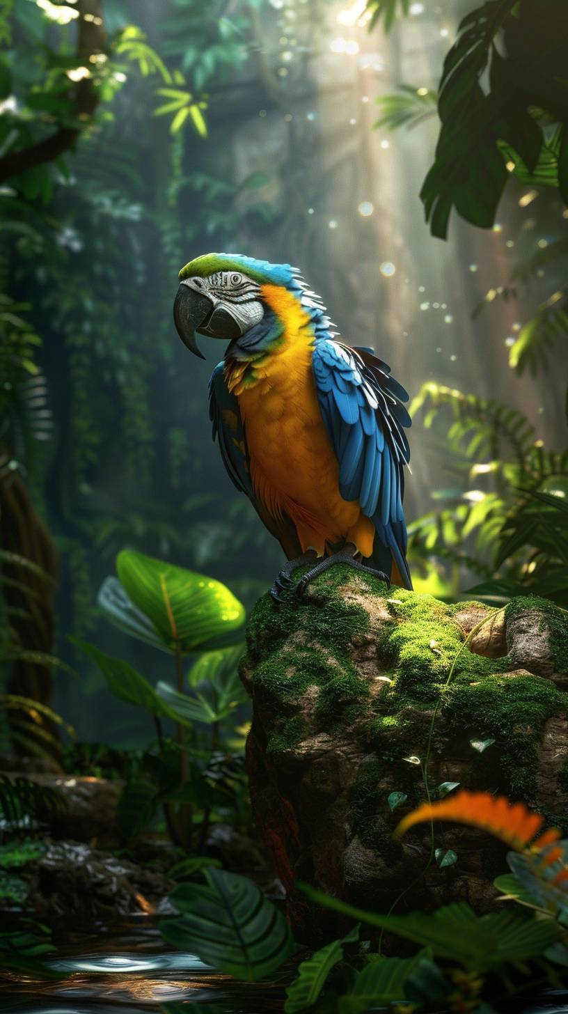 Create a dark, moody-style 3D wallpaper featuring a colorful parrot sitting on a moss-covered rock in a jungle environment. The parrot should have a blue base color with a few yellow feathers like a macaw parrot. Ensure the parrot is detailed, vibrant, and sharply in focus, with sunlight filtering through the jungle canopy from above, illuminating the scene. The background should be filled with lush jungle foliage, adding depth and atmosphere to the moody aesthetic. The image should be suitable for a vertical wallpaper in a 9:16 aspect ratio.