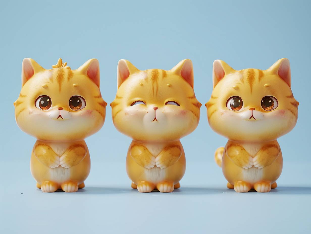 Three views, the first is the front view, the second is the left view, and the third is the rear view. She is a personified yellow cat aged 3-6, with five heads and a mischievous and cute expression. White blue background, 3D art, cute, cute, chubby, Blender style, Bubble Mart style.