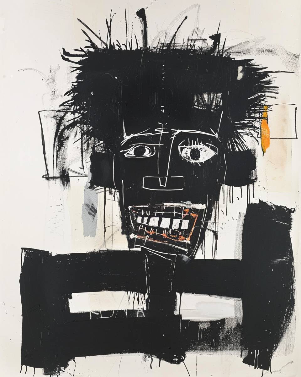 a black face, resembling a comedian, smiling, abstract collage style mixed media, in the style of Basquiat, on a white background