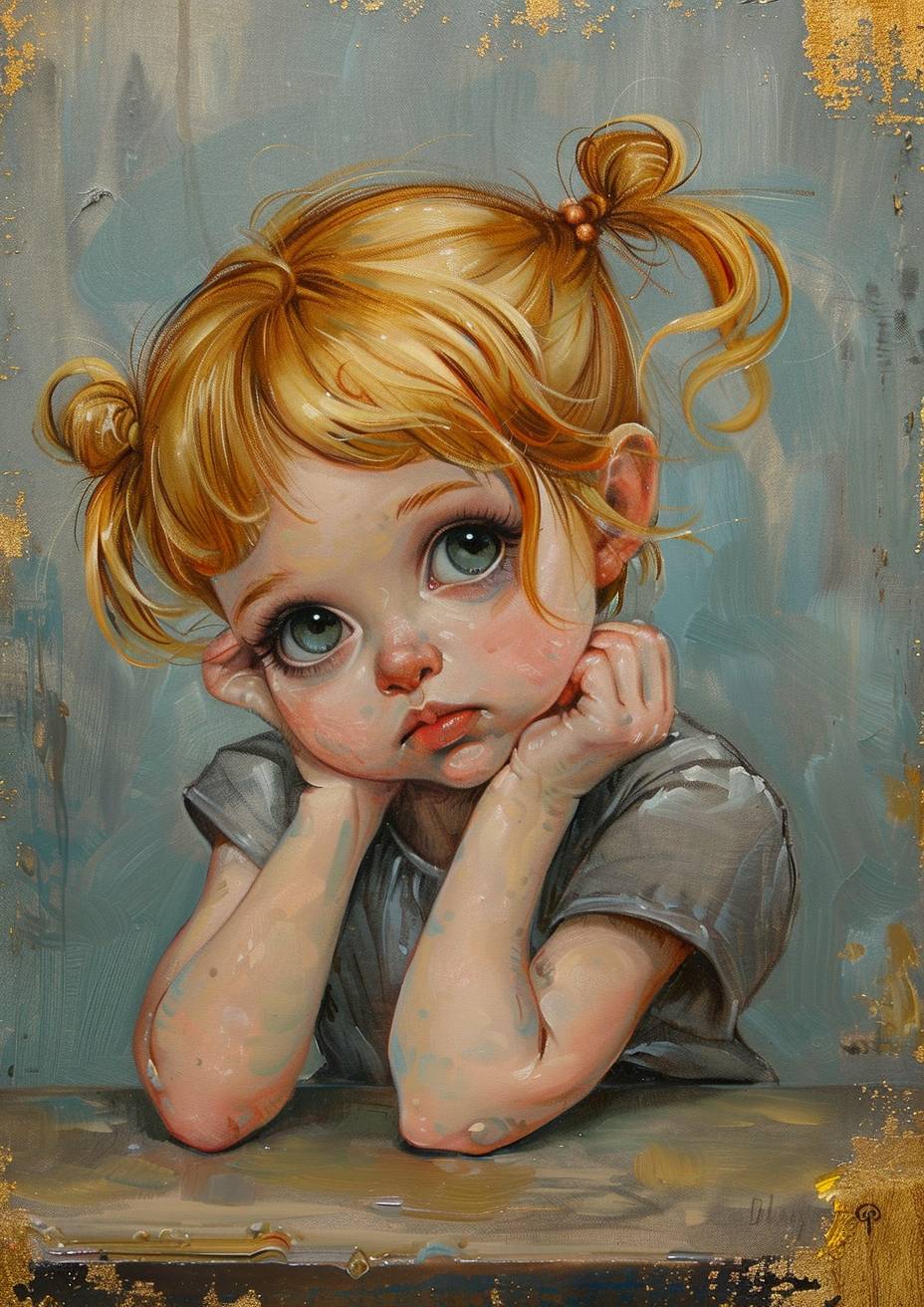 Painting of an adorable little girl with blonde hair in pigtails, resting her head on one hand and looking at the viewer with big eyes, wearing gray, a full body portrait, sitting at a table, in a golden frame, in the style of cute cartoonish Art Nouveau style.