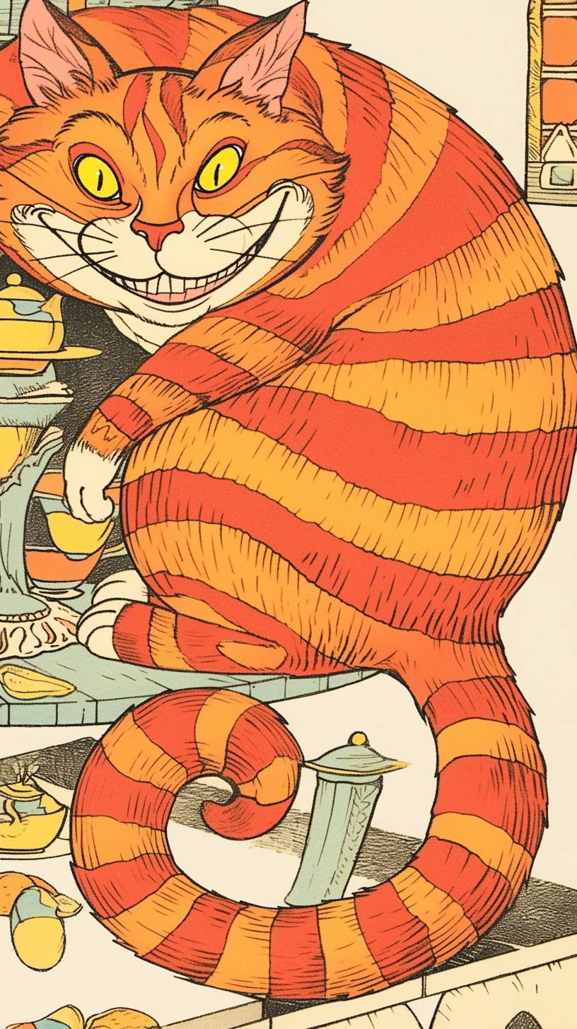 A cartoon of the Cheshire Cat in the style of Kenny Scharf, grotesque caricatures