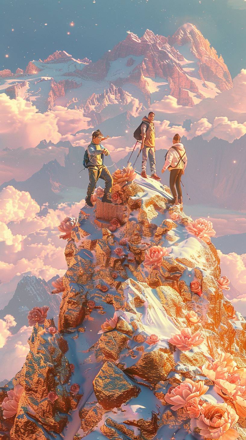 A group of hikers reaching the summit of a tall mountain. They are celebrating their achievement, with breathtaking views of the vast landscape below. In the style of a panoramic photograph.