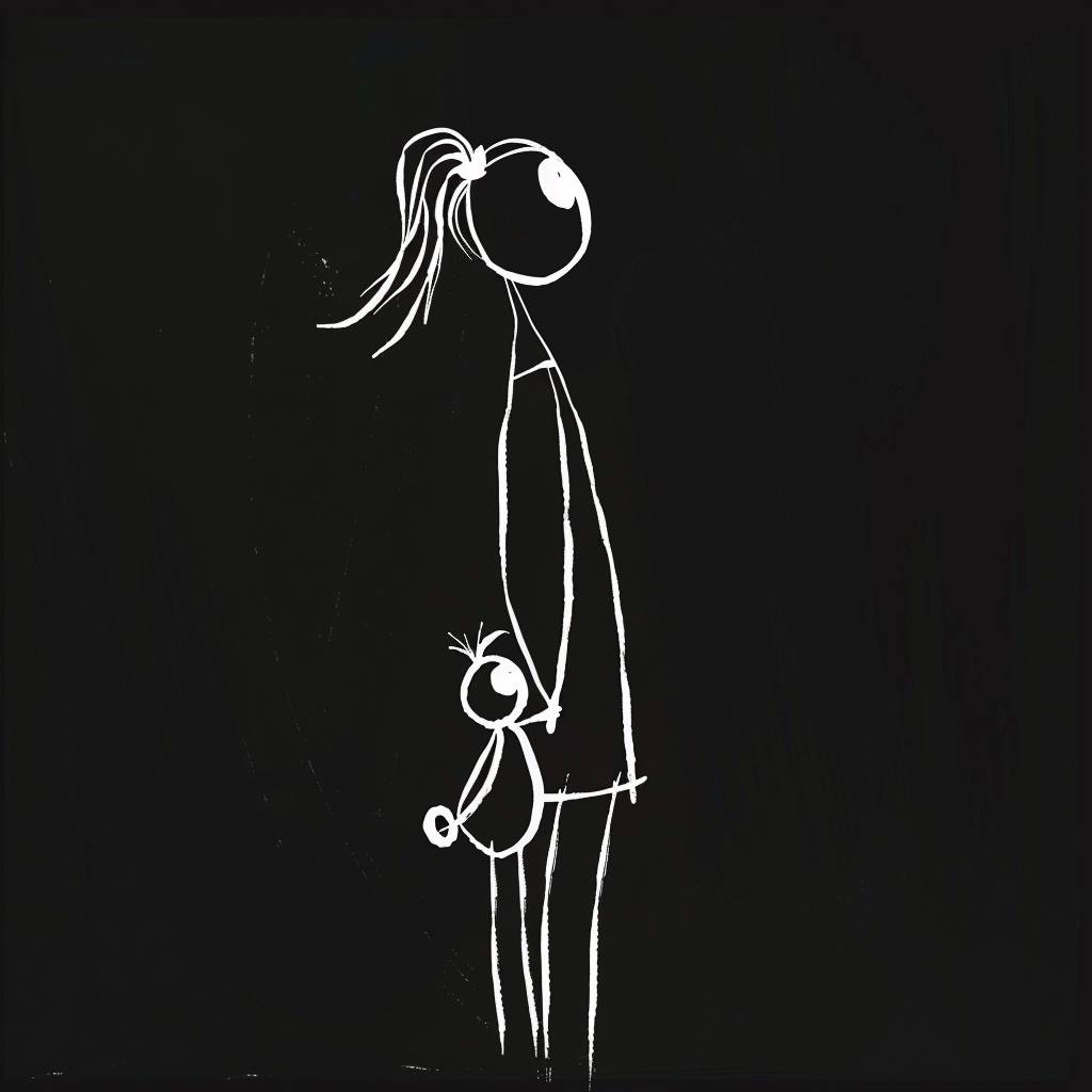 A simple, minimalistic image of a stick figure mother standing on the left side, facing the viewer while holding a baby in her arms. The baby is also a stick figure. The background is black, and both figures are white with black outlines. The mother has a ponytail and is wearing a dress. The style is clean and uses high contrast between the white figures and the black background.
