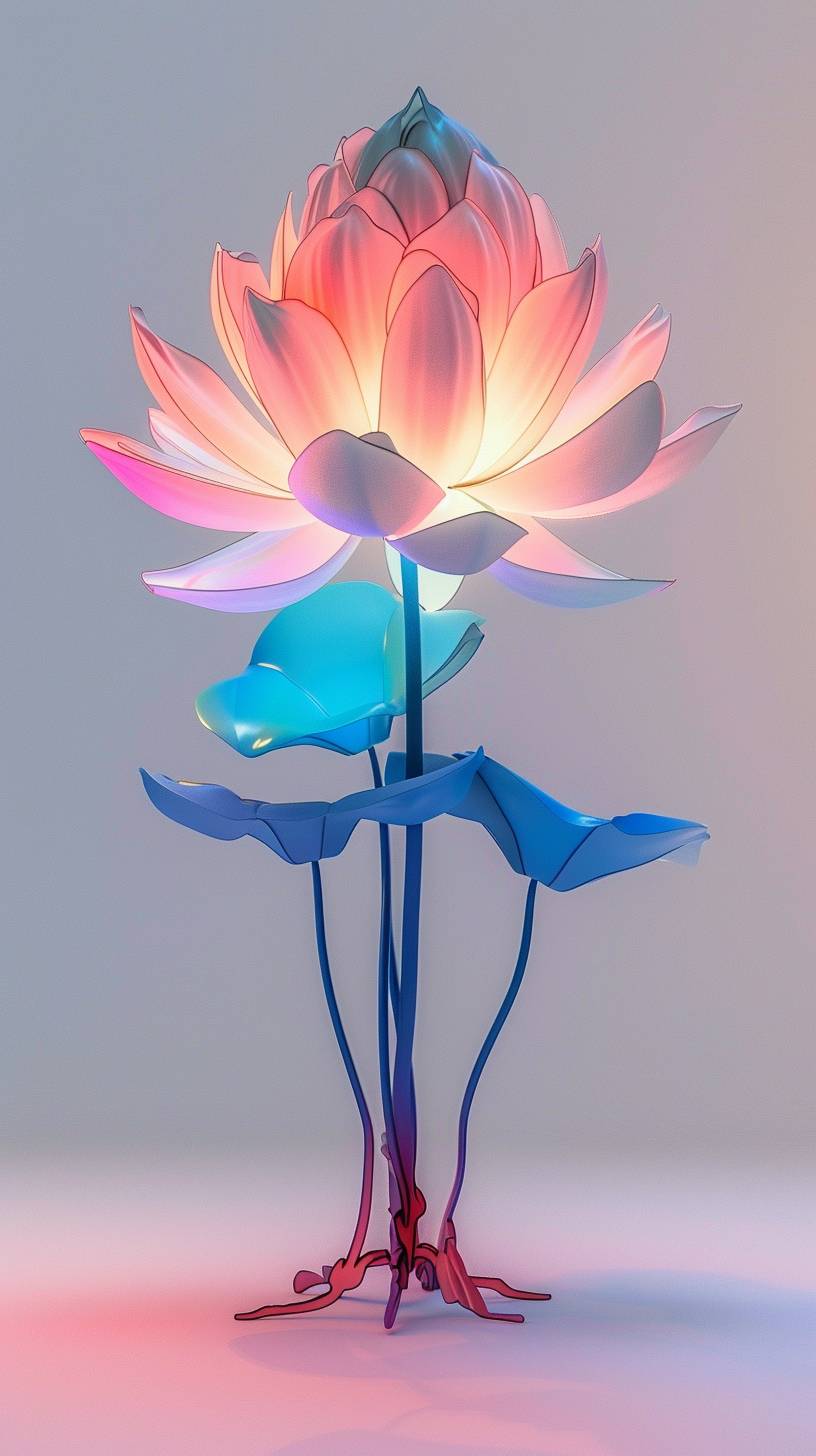 3D single botanical tall lotus flower plant art in pink to blue saturated color on a white background, in the style of minimalist sculpture, spotlight in the center, colorful woodcarvings, piles/stacks, colorful animation stills, majismo, fluid, organic forms, full f10 aperture --ar 9:16 --v 6.0