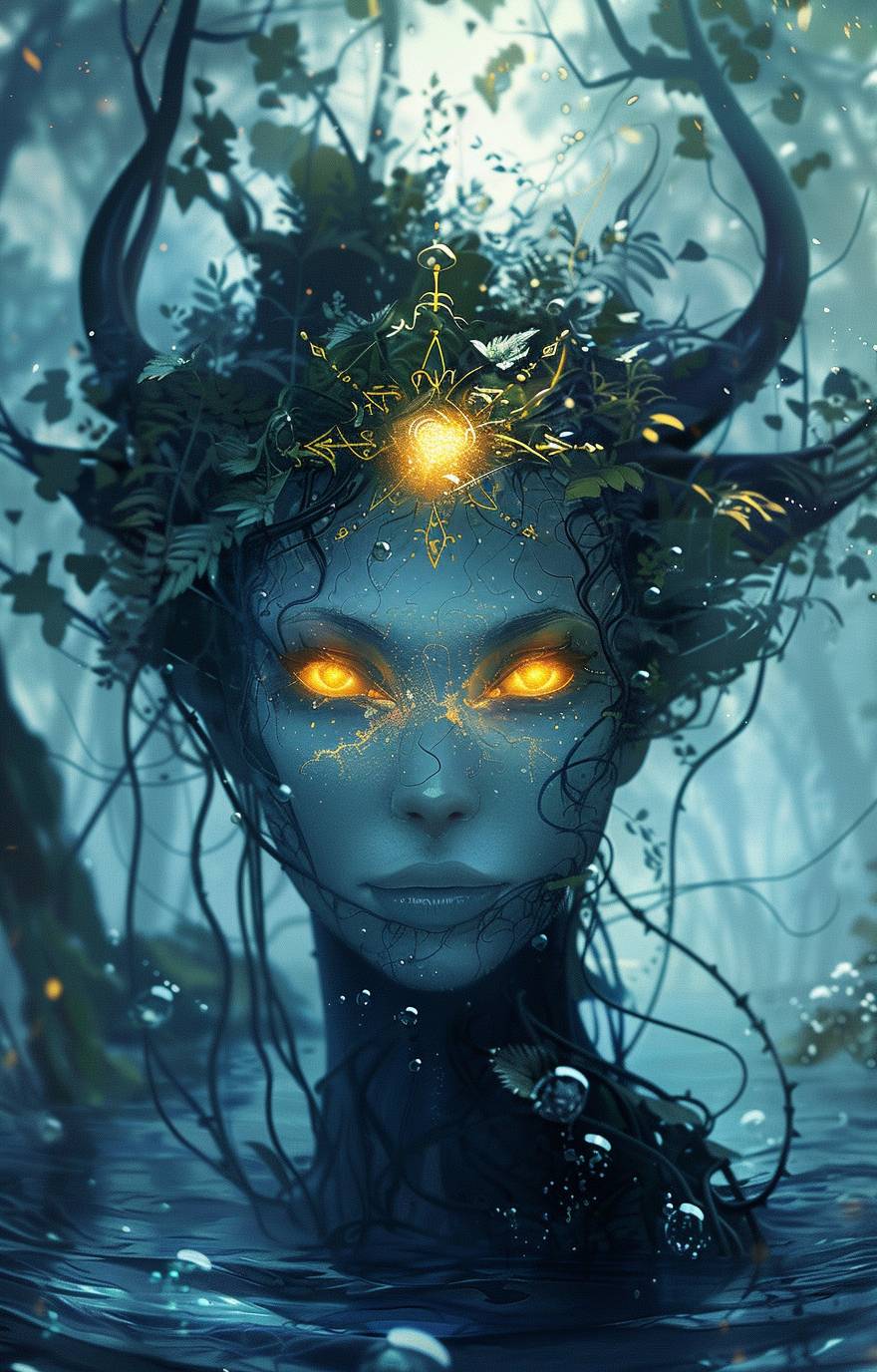 A blue alien woman with glowing yellow eyes and hair made of vines, wearing an elaborate gold crown that is shaped like the sun in front of her head. She has two small black horns on top of each side of her forehead, standing under water with trees visible behind her, in the digital art style.