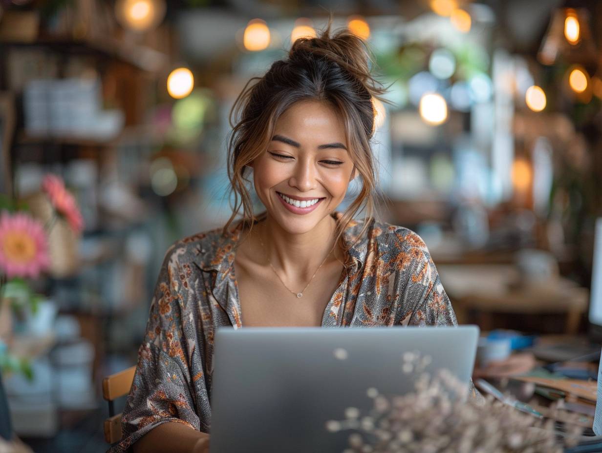 A Filipino woman in her late 20s, working as an executive assistant, dressed in office clothes, smiling brightly and working diligently on her laptop, exuding a serene and relaxed expression, with her eyes open but looking down a bit, not looking at the camera.