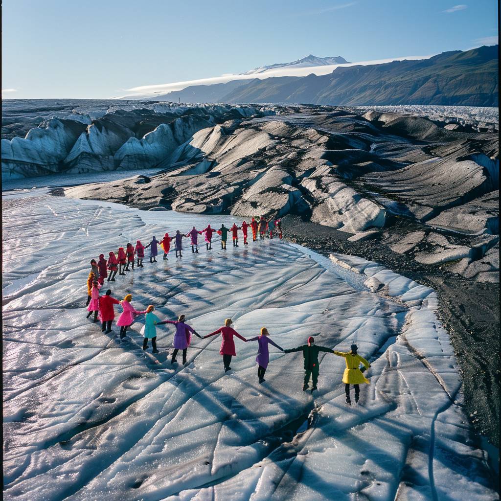 Imagine a surreal scene in Iceland where Scarlett Hooft Graafland has orchestrated a performance. A vast, barren landscape of ice and rock, with a group of performers dressed in vibrant, contrasting colors, forming a human chain across a glacier. The sun casts long shadows, creating an otherworldly atmosphere. The image is captured using a Leica M10, emphasizing the sharp contrasts.