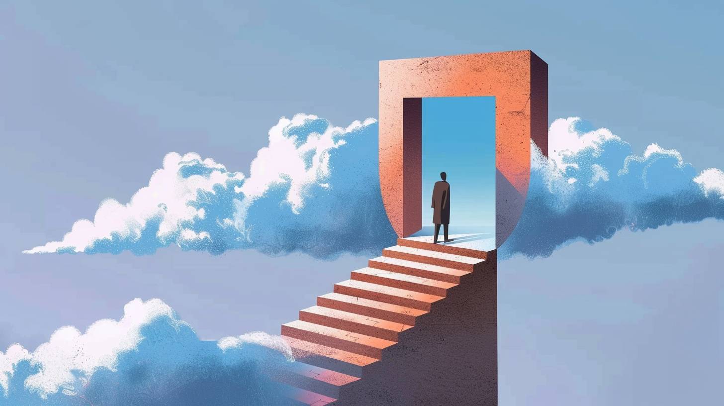 A person walking up the stairs of an open door leading to blue sky, symbolizing growth and new beginnings in life. The background is minimalistic with clouds, creating a serene atmosphere. The colors used for illustration include shades of gray, beige, brown, light pink, white, greyblue, navy blue, and orange accents. It has flat design elements and geometric shapes, giving it a modern feel, (openai style)