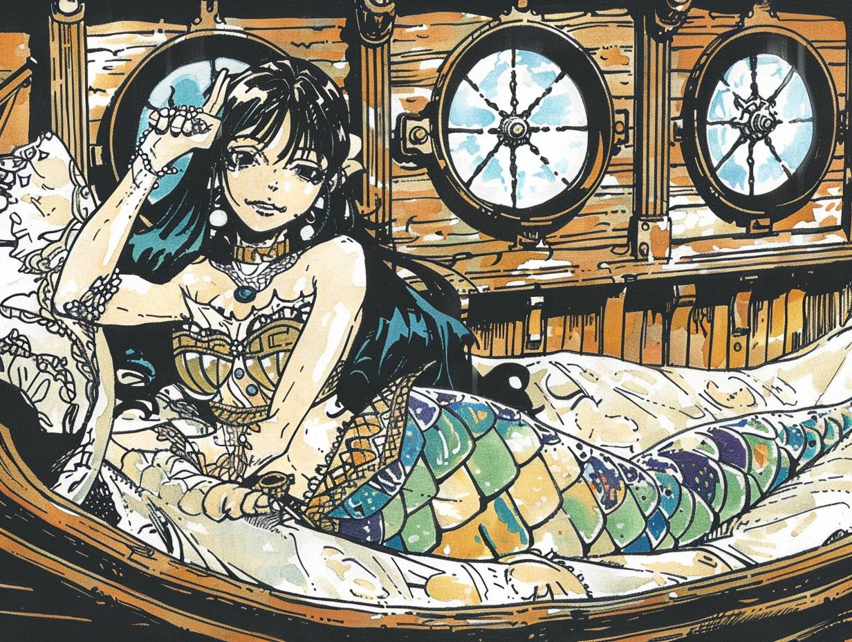 A beautiful mermaid reclining on the seat in a wooden yacht with a window of seaglass.