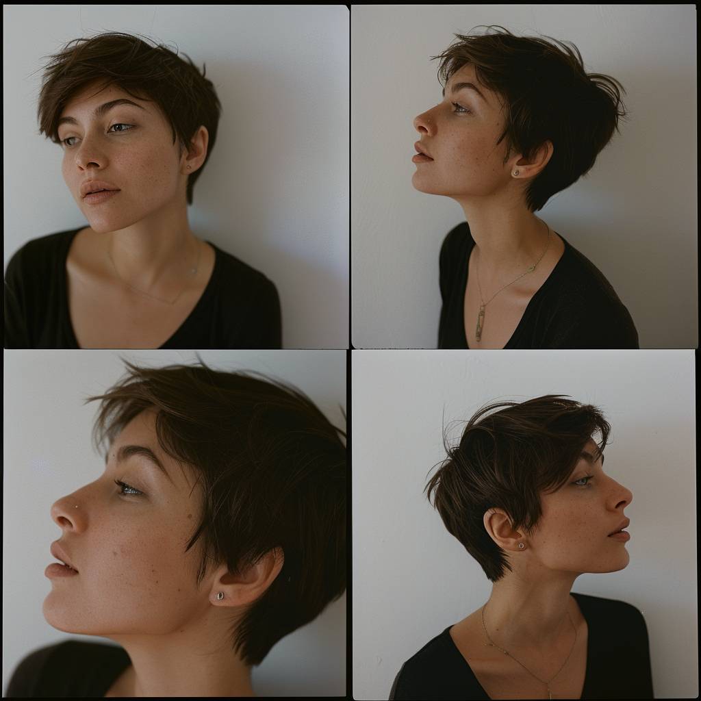 A brunette woman with short hair, olive skin, and dark eyes in the style of chic photography, split into multiple different images shot from various angles with different expressions, against a white background, Kodak Portra 160 --v 6.0