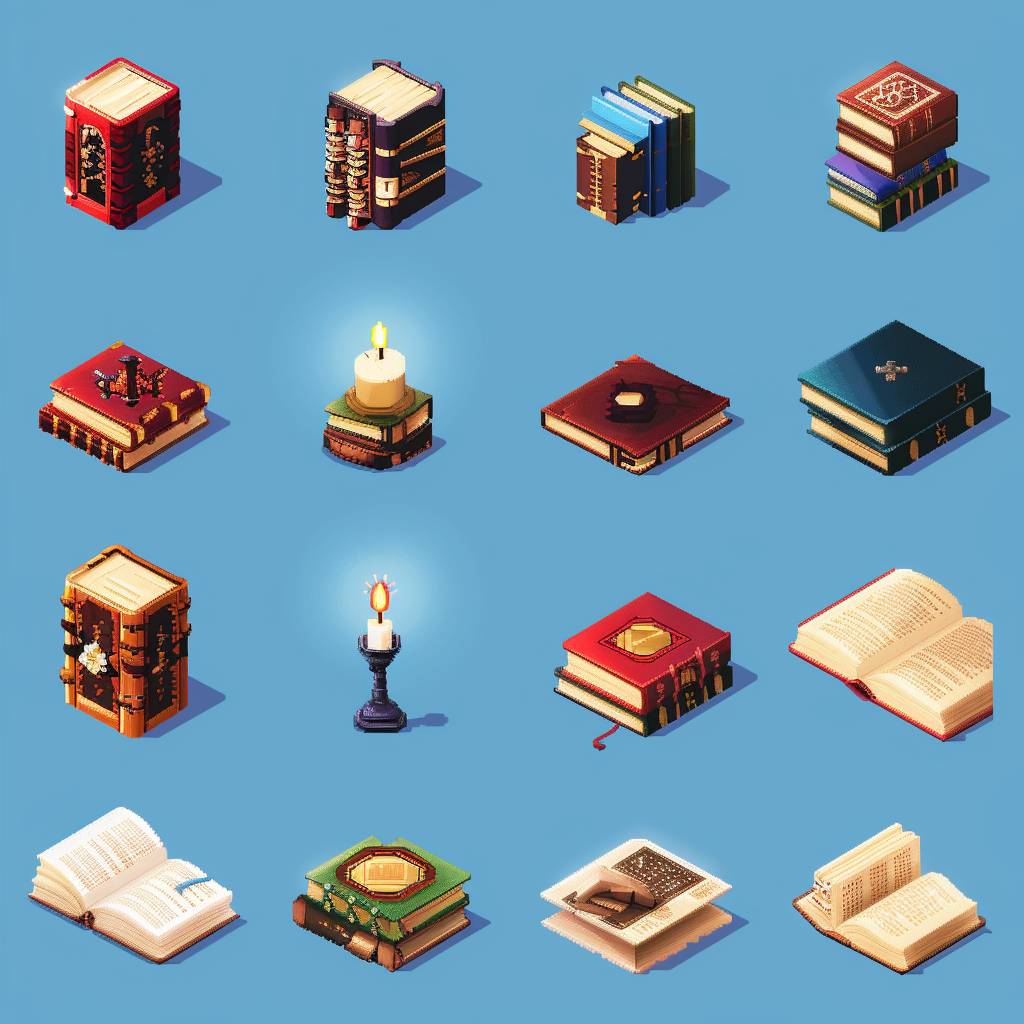 A set of pixelated 32x32 icons depicting different grades and types of books. Clean bright blue background.